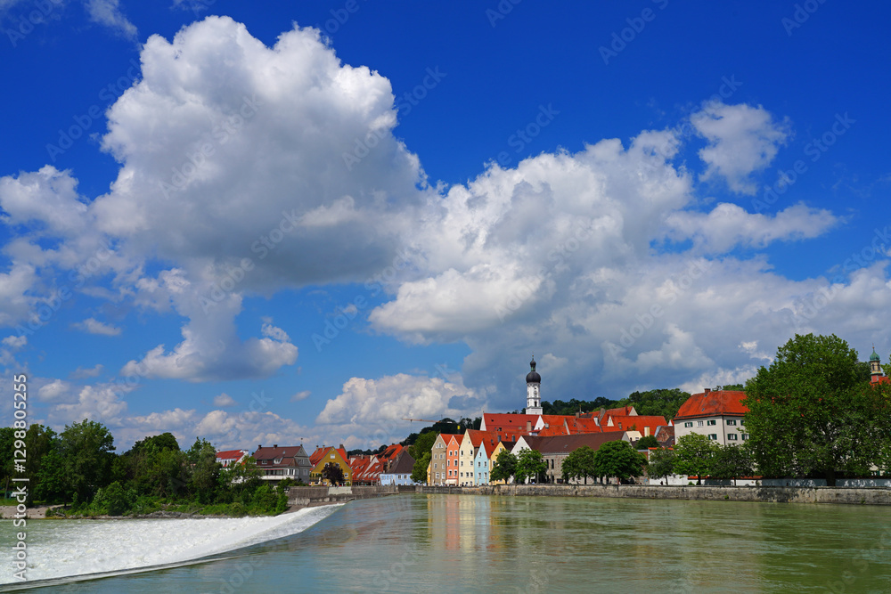 Obraz premium View of the German town of Landsberg am Lech, a picturesque medieval town on the Lech River in Bavaria