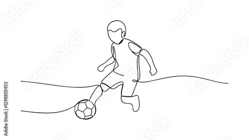 Singleline Drawing Boy Playing Soccer, Dribbling, Football Action