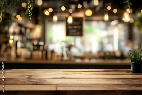 Wooden Table in a Blurred Cozy Cafe Background
