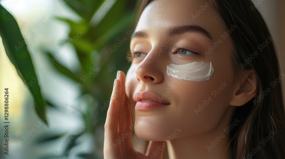 A woman applying organic face cream, with soft lighting and a minimalist, eco-friendly background A woman applying organic face cream, with soft lighting and a minimalist, eco-friendly background
