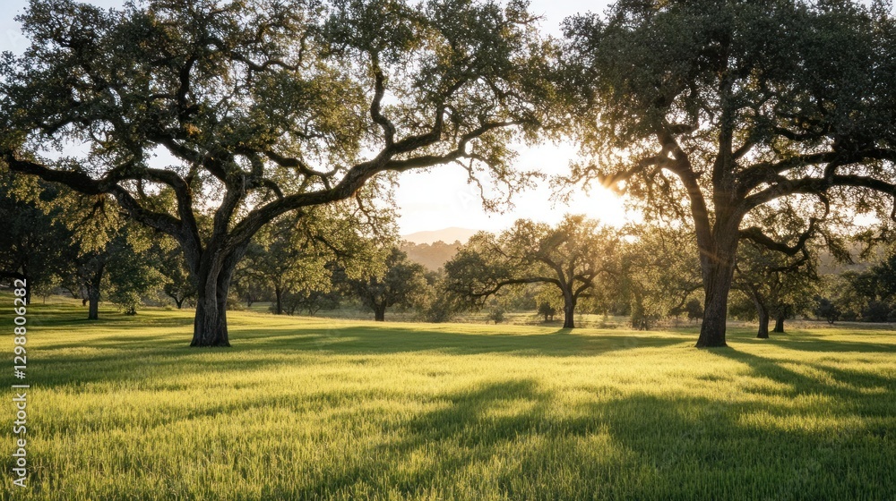 Sunlit Meadow with Oak Trees and Grassy Field in Summer Landscape Sunlit Meadow with Oak Trees and Grassy Field in Summer Landscape