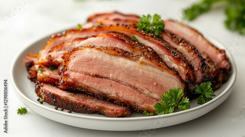 Fototapeta Naklejka Na Ścianę i Meble -  スライスした香ばしいスモークポーク料理 | 艶やかな断面