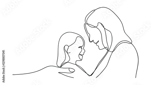 A singleline drawing depicts a mother gently embracing her young daughter. Their faces are close, showing love and affection. The simple lines create a powerful image of maternal bond.