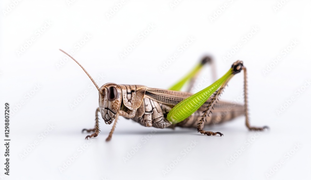 Fototapeta premium Close-Up of a Grasshopper with Vibrant Green Wings on White Background