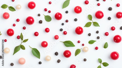 Colorful pattern of red berries, green leaves, and peppercorns on white background