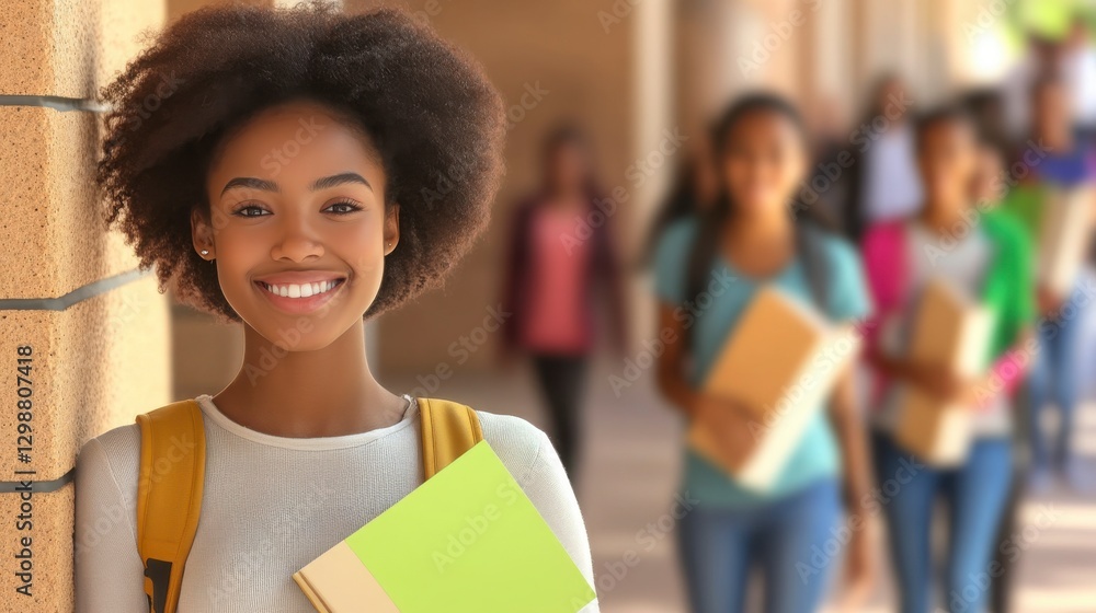 Young smiling student with books in school hallway environment Young smiling student with books in school hallway environment