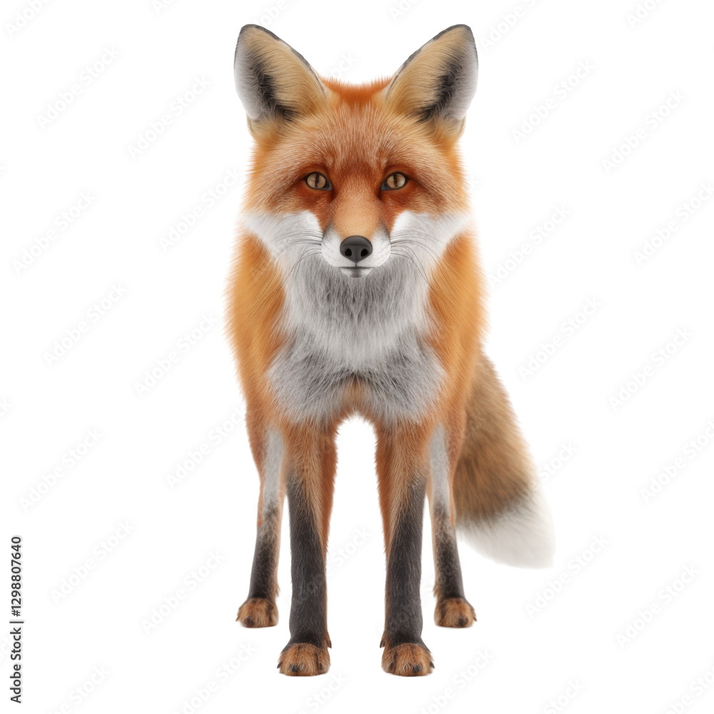 Fototapeta premium Beautiful red fox standing and facing forward with alert eyes and fluffy tail visible