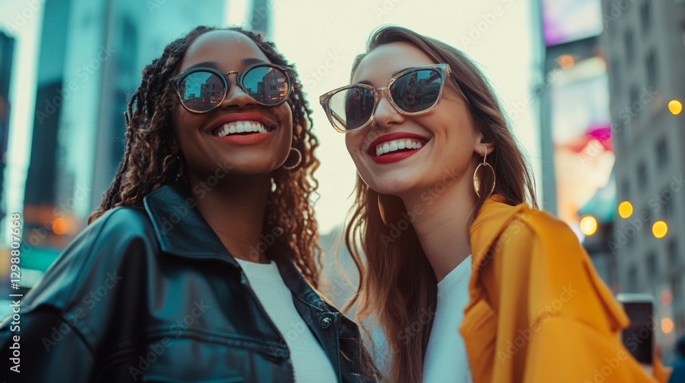 custom made wallpaper toronto digitalTwo cheerful young women wearing sunglasses and bright jackets smile genuinely while enjoying city life together, capturing pure friendship and joy against urban backdrop.