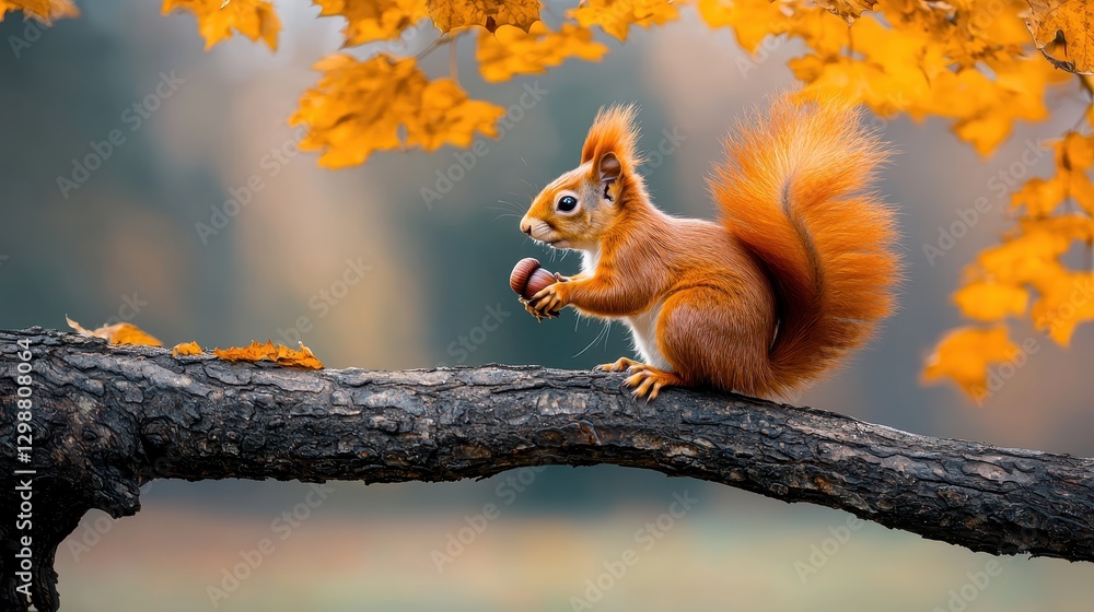 Cute Red Squirrel Holding Chestnut on Tree Branch with Autumn Leaves Cute Red Squirrel Holding Chestnut on Tree Branch with Autumn Leaves