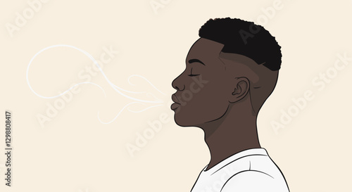 Breathing exercise illustration featuring a relaxed young man with closed eyes
