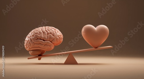 Artificial brain and heart balanced on scale representing emotional intelligence and logic
