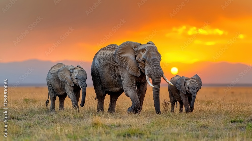 Fototapeta premium Majestic Elephants Walking in Silhouette at Sunset on African Savannah