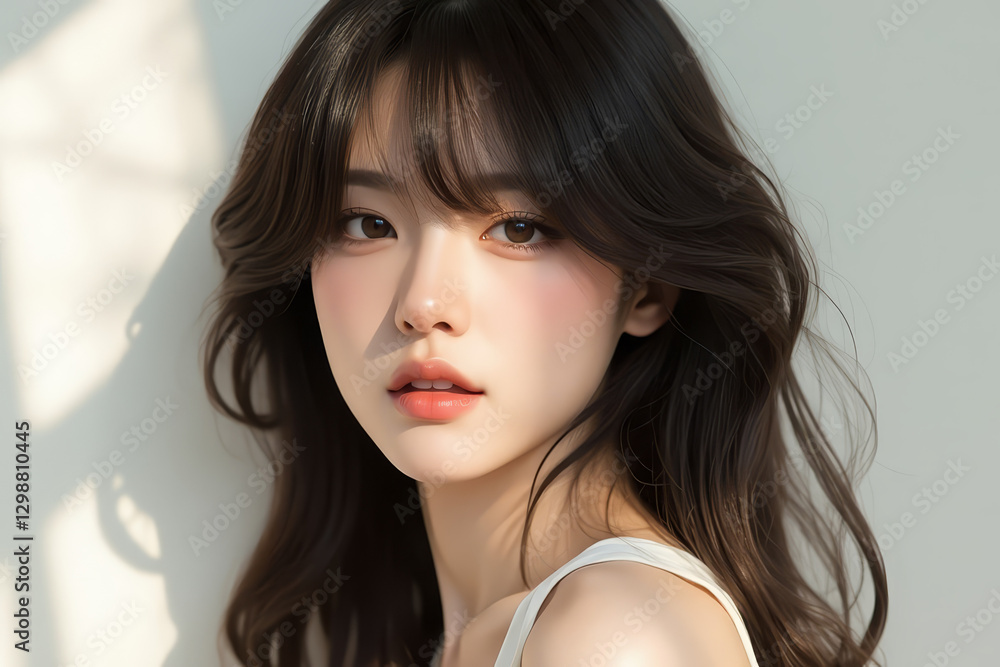 Asian Female in Studio Setting - Young Woman on White Background with Soft Shadows - Styled Messy Long Hair - Portrait of Eastern Beauty for Fashion or Cosmetic Model - Sunlight Casted Warm Setting Asian Female in Studio Setting - Young Woman on White Background with Soft Shadows - Styled Messy Long Hair - Portrait of Eastern Beauty for Fashion or Cosmetic Model - Sunlight Casted Warm Setting