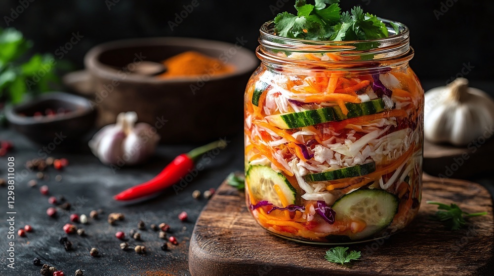 Glass jar, layered vegetables, colorful salad, rustic wooden surface, dark background, fresh ingredients, vibrant colors, healthy food, mason jar meal, carrots, peppers, leafy greens. Glass jar, layered vegetables, colorful salad, rustic wooden surface, dark background, fresh ingredients, vibrant colors, healthy food, mason jar meal, carrots, peppers, leafy greens.
