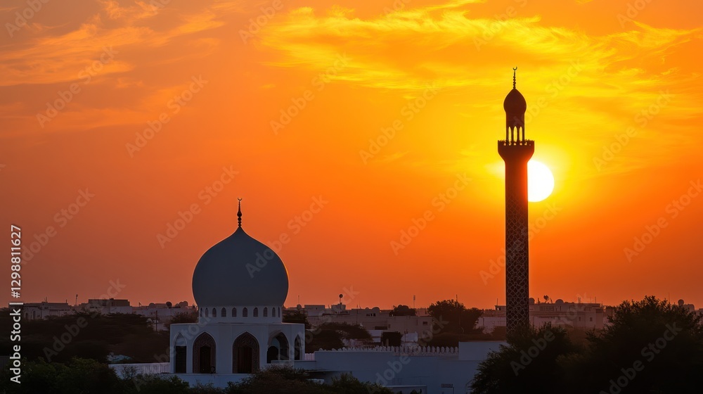 Fototapeta premium Mosque Silhouette at Sunset with Vibrant Orange Sky and Minaret Tower