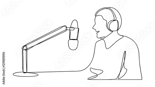 Podcast Recording Man with Headphones Broadcasting Audio Show