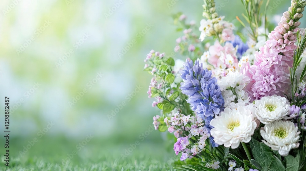 Obraz premium Beautiful bouquet of pink, purple, and white wildflowers blooming in a sunny green garden during springtime.