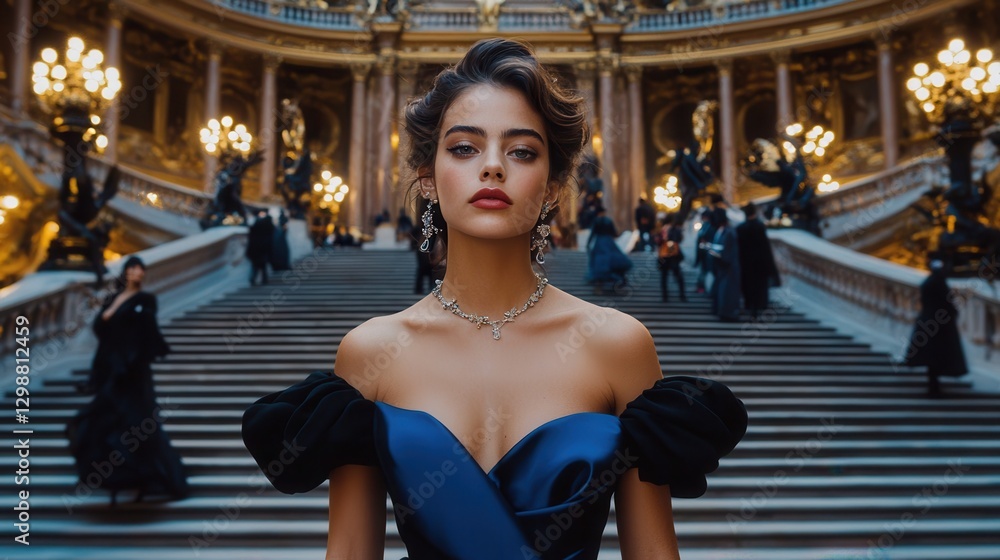 Fototapeta premium Elegant Woman in Blue Dress with Grand Staircase and Golden Accents