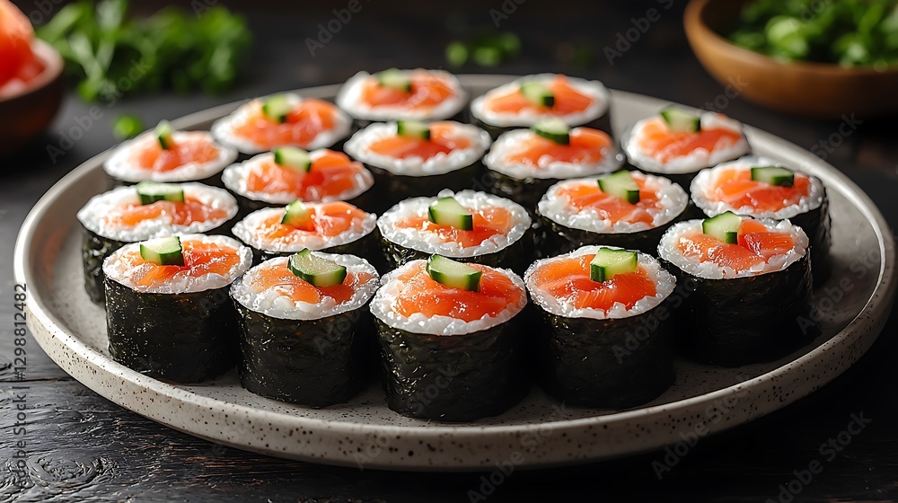 Delicious Salmon Sushi Rolls with Cucumber Close Up Food Photography Delicious Salmon Sushi Rolls with Cucumber Close Up Food Photography