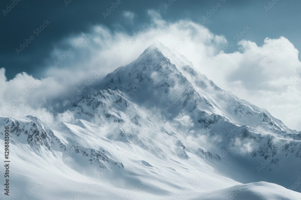 Majestic Mountain Summit: A towering snow-covered mountain peak pierces through the swirling clouds, a testament to the raw power and beauty of nature, evoking a sense of awe and adventure.