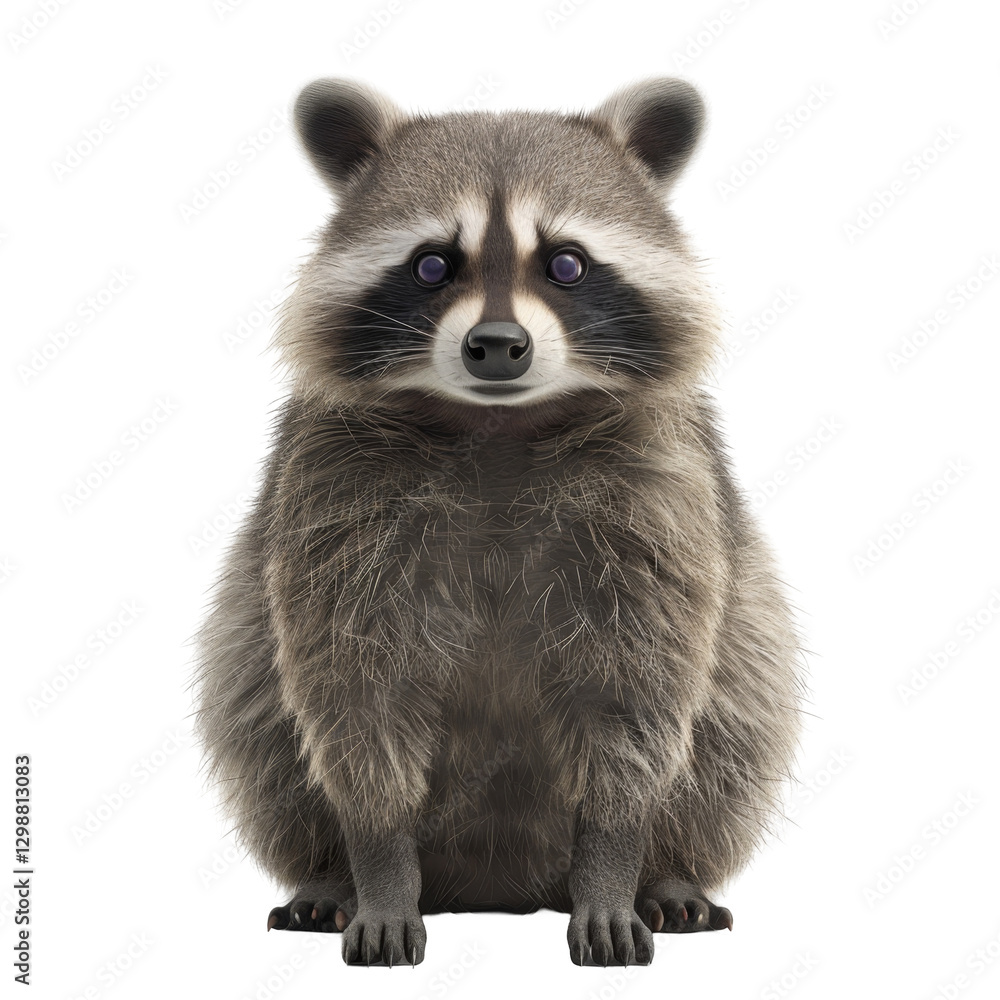 Curious raccoon sits calmly showing its fluffy fur and striking black and white facial mask Curious raccoon sits calmly showing its fluffy fur and striking black and white facial mask