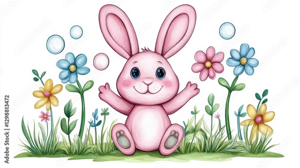 Obraz premium Cute Pink Bunny Surrounded by Colorful Flowers and Bubbles