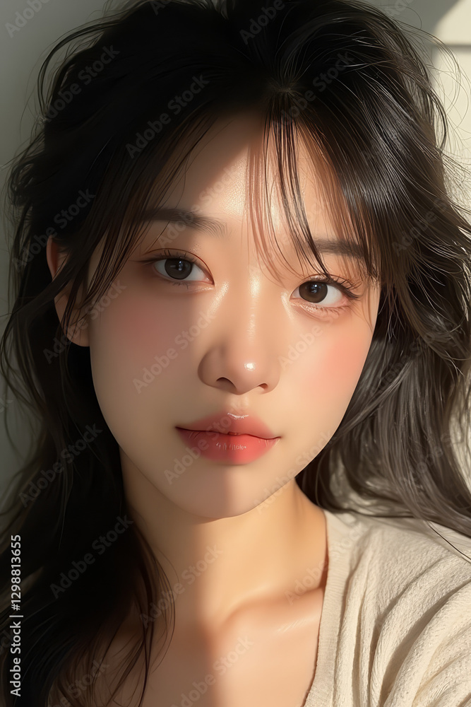 Asian Female in Studio Setting - Young Woman on White Background with Soft Shadows - Styled Messy Long Hair - Portrait of Eastern Beauty for Fashion or Cosmetic Model - Sunlight Casted Warm Setting Asian Female in Studio Setting - Young Woman on White Background with Soft Shadows - Styled Messy Long Hair - Portrait of Eastern Beauty for Fashion or Cosmetic Model - Sunlight Casted Warm Setting