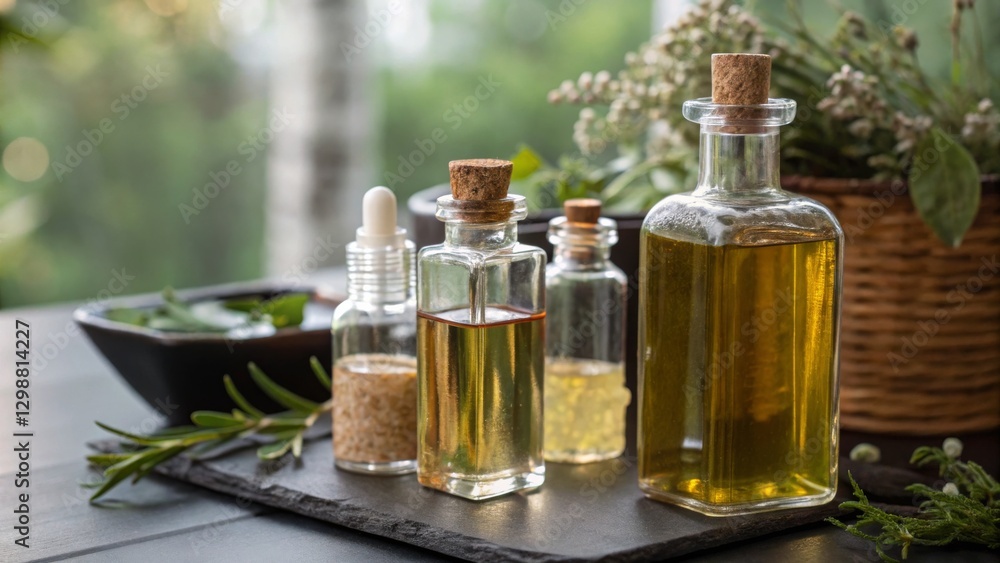 A collection of glass bottles filled with various oils, surrounded by fresh herbs on a wooden table, creating a serene and natural ambiance. A collection of glass bottles filled with various oils, surrounded by fresh herbs on a wooden table, creating a serene and natural ambiance.