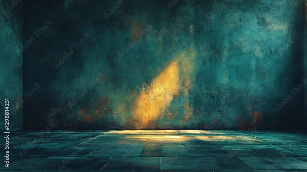 Fototapeta premium Golden light dramatically illuminates a dark teal room. AI Generated