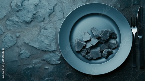 Modern minimalist plate with stones on textured slate surface