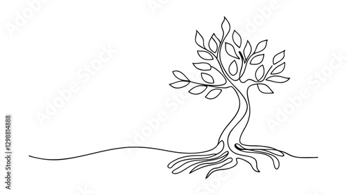 A minimalist line art drawing depicts a tree. Its roots are visible, extending into the ground. Leaves sprout from its branches, creating a simple yet elegant design.