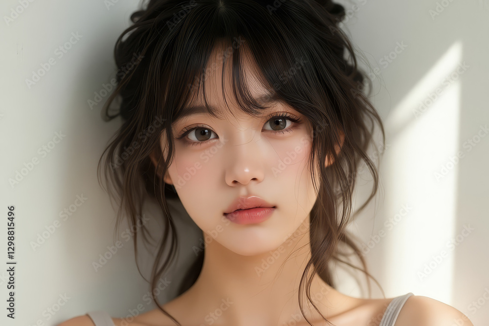 Asian Female in Studio Setting - Young Woman on White Background with Soft Shadows - Styled Messy Long Hair - Portrait of Eastern Beauty for Fashion or Cosmetic Model - Sunlight Casted Warm Setting Asian Female in Studio Setting - Young Woman on White Background with Soft Shadows - Styled Messy Long Hair - Portrait of Eastern Beauty for Fashion or Cosmetic Model - Sunlight Casted Warm Setting