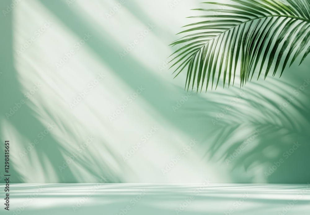 Tropical Greenery with Palm Leaf Shadows Casting on Light Mint Background for Nature and Relaxation Themes in Lifestyle and Interior Design Concepts Tropical Greenery with Palm Leaf Shadows Casting on Light Mint Background for Nature and Relaxation Themes in Lifestyle and Interior Design Concepts