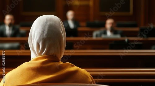 A person with a headscarf sits in a courtroom, facing away from the camera, while figures in suits are visible in the background.
