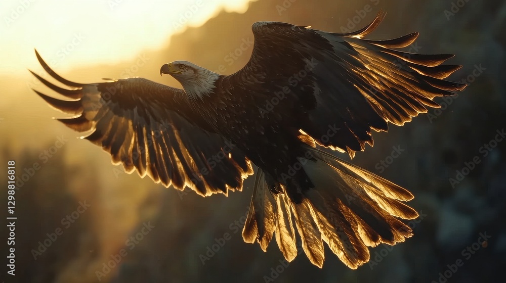 Obraz premium Eagle in dramatic flight with glowing sunset