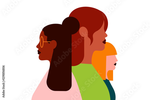 Minimal illustration of three diverse women in profile, symbolizing empowerment, unity, and feminism. Modern flat art style with bold colors, perfect for Women's Day, equality, and diversity themes
