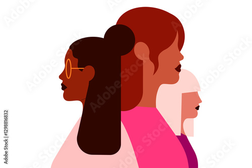Minimal illustration of three diverse women in profile, symbolizing empowerment, unity, and feminism. Modern flat art style with bold colors, perfect for Women's Day, equality, and diversity themes