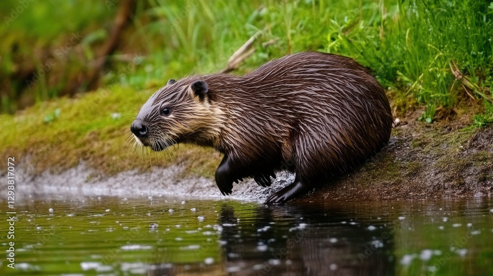 Eurasian beaver entering a river in a lush green environment Eurasian beaver entering a river in a lush green environment