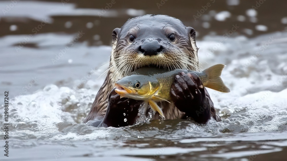 Obraz premium North american river otter eating a fish in the water