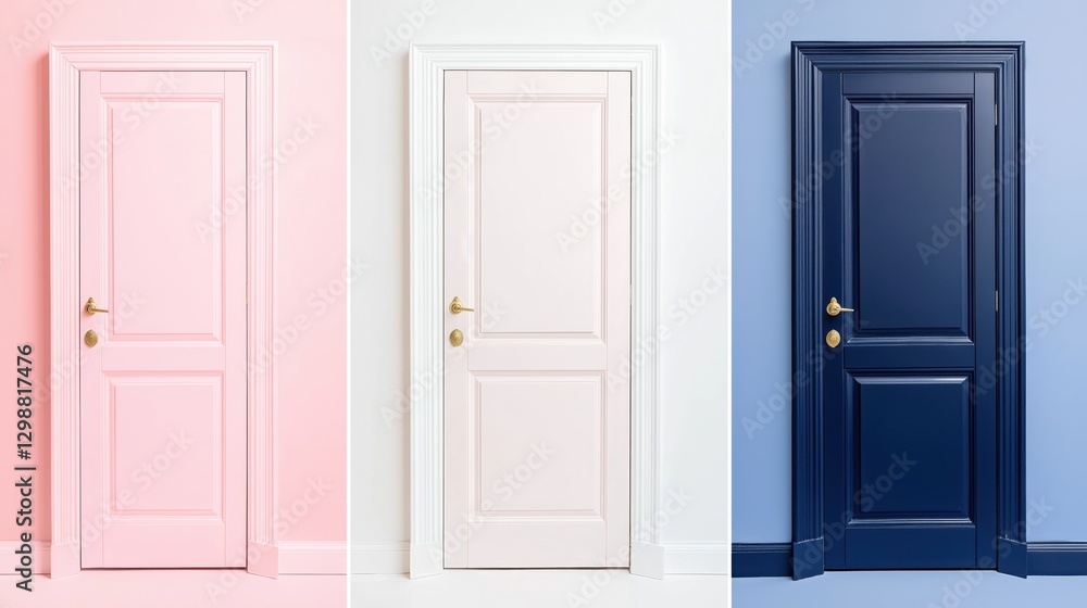 Three doors in pastel pink, soft white, and deep blue against colorful walls Three doors in pastel pink, soft white, and deep blue against colorful walls