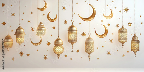 Gold Islamic festive background with hanging lanterns and moons on white canvas