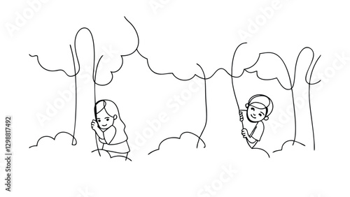 Simple line drawing of two children, a boy and a girl, playing hideandseek amongst stylized trees in a forest. They are partially concealed behind the trees.