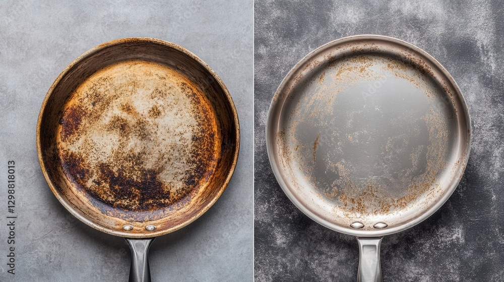Comparison of a worn frying pan and a clean frying pan demonstrating contrasting conditions and maintenance effort. Generative AI Comparison of a worn frying pan and a clean frying pan demonstrating contrasting conditions and maintenance effort. Generative AI
