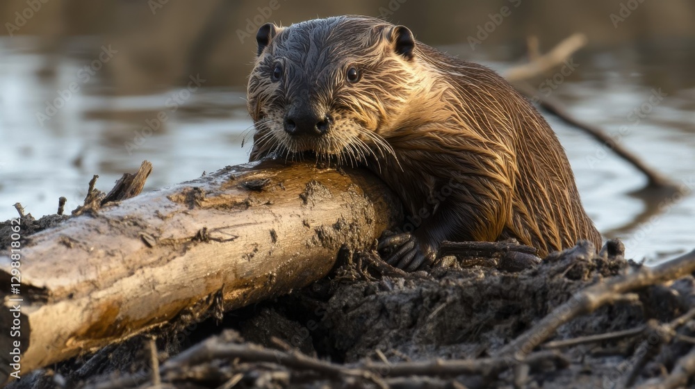 Wet beaver lifting a log after sunset in a river Wet beaver lifting a log after sunset in a river