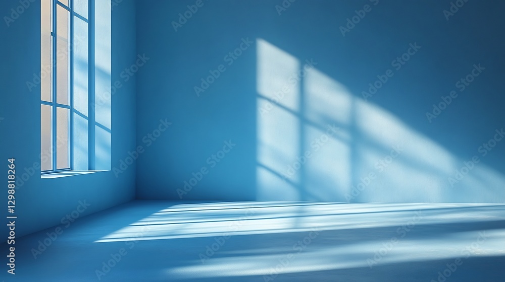 Fototapeta premium Serene Blue Room Sunlight Streaming Through Window. AI Generated