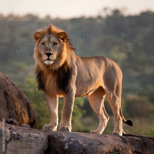Wallpaper Mural A powerful image of a lion standing proudly on a rocky outcrop, with the African savanna stretching out behind it. Torontodigital.ca