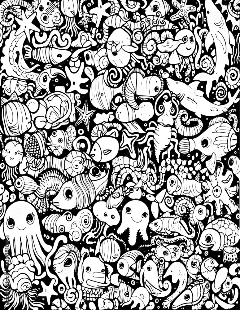 Obraz premium pattern, vector, seamless, cartoon, animal, design, illustration, doodle, wallpaper, flower, art, set, drawing, sketch, decoration, floral, fish, cat, cute, icon, element, leaf, ornament, texture, bir