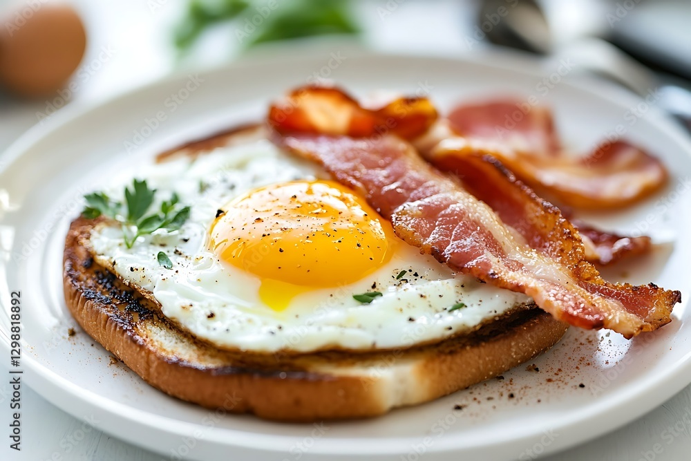Delicious Fried Egg with Crispy Bacon on Toasted Bread Delicious Fried Egg with Crispy Bacon on Toasted Bread
