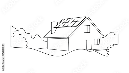 Line drawing of a house with solar panels on its roof, situated in a landscape with simple shrubbery. Represents sustainable, renewable home energy.