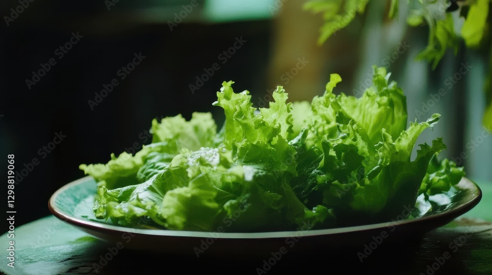 Close-up of fresh lettuce leaves on a ceramic plate Close-up of fresh lettuce leaves on a ceramic plate